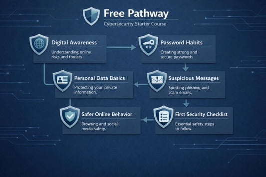 Cybersecurity starter course flowchart with various topics on a dark blue background.