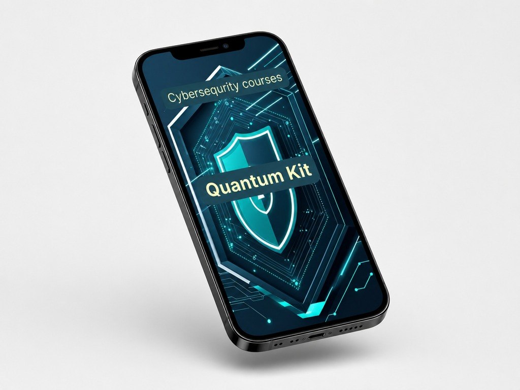 Phone displaying 'Quantum Kit' cybersecurity courses on a white background