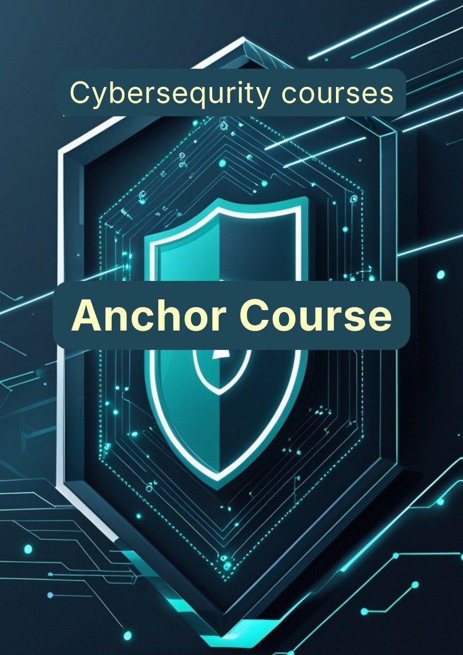 Advertisement for a cybersecurity course with a shield and circuit design on a dark background.