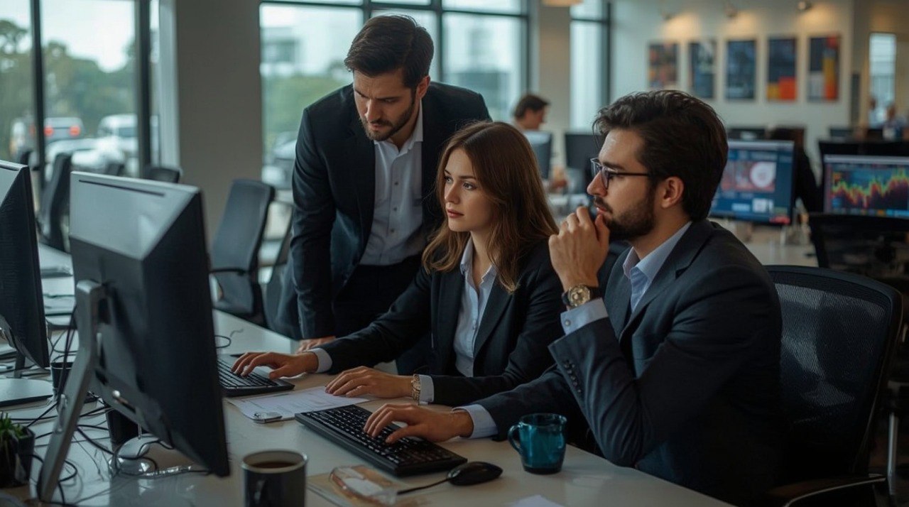 Three professionals in a modern office setting, collaborating around a computer.