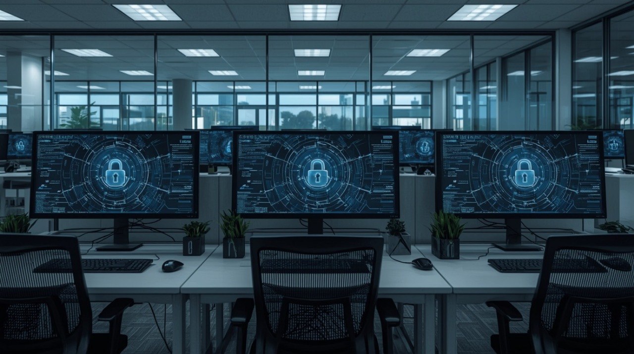 Control room with multiple monitors displaying security software interface.