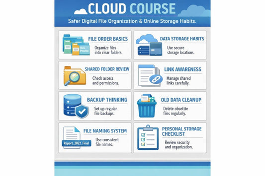 Cloud course poster with digital file organization tips on a white background