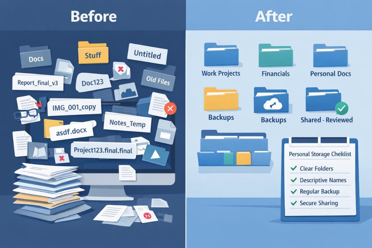Comparison of disorganized files on the left with organized folders and a checklist on the right.