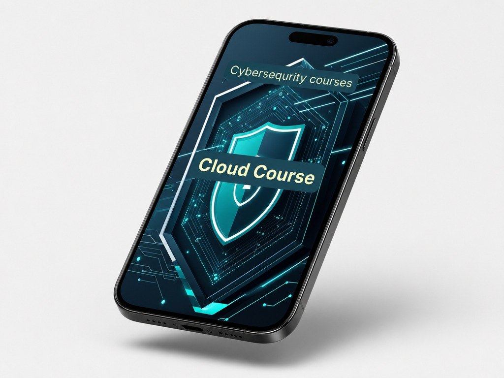 Phone displaying a cybersecurity course app with a shield icon on a light gray background