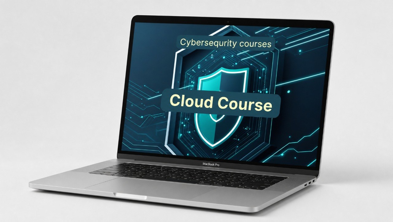 Laptop displaying "Cloud course"