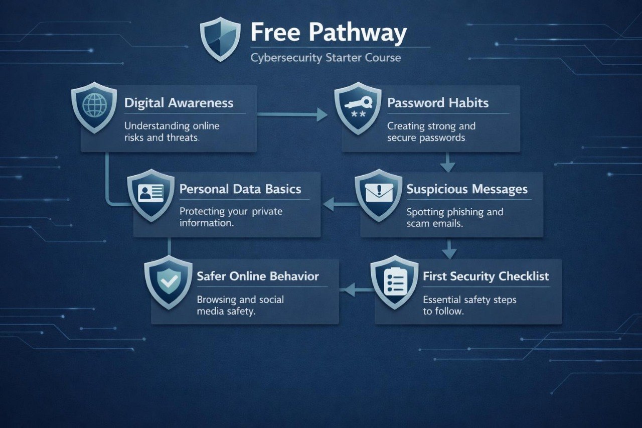 Cybersecurity starter course flowchart with various topics on a dark blue background.
