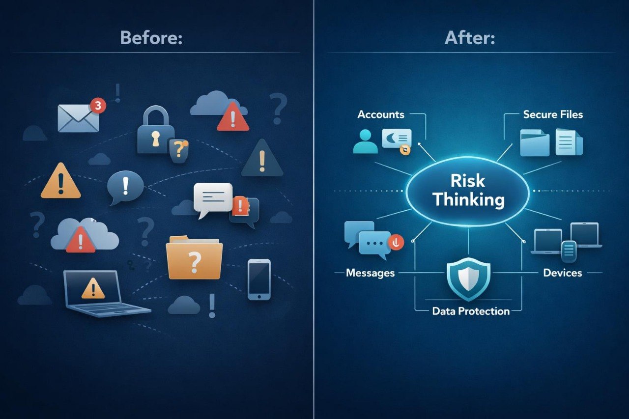 Before and after comparison of security icons and concepts on a blue background.