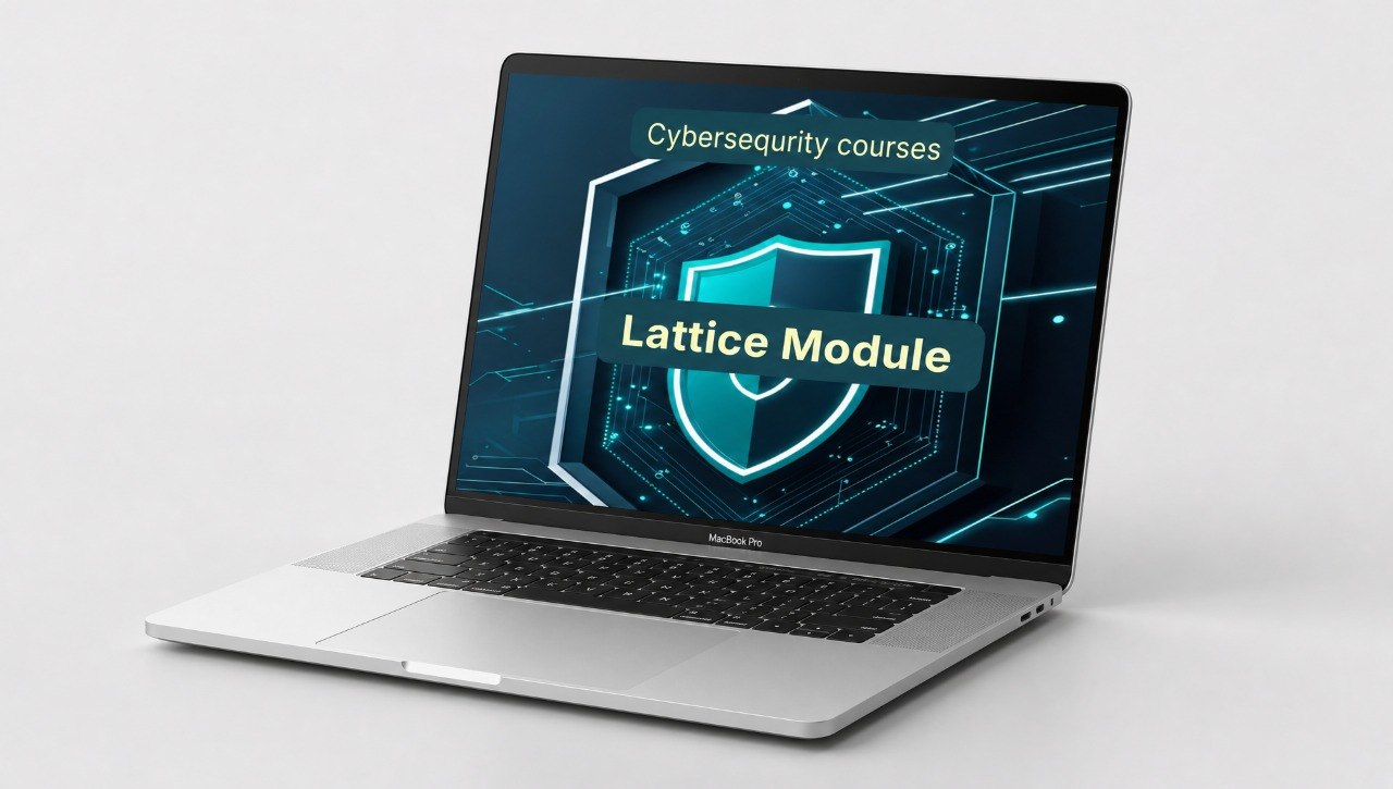 Laptop displaying cybersecurity courses with 'Lattice Module' on a white background