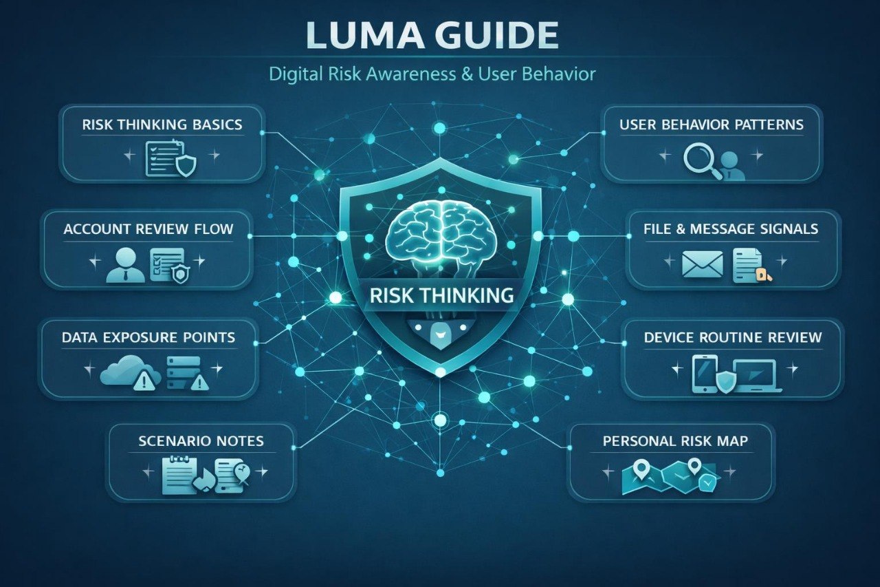 LUMA Guide diagram on digital risk awareness and user behavior with a central shield icon.