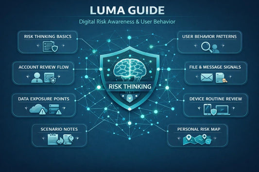 LUMA Guide diagram on digital risk awareness and user behavior with a central shield icon.