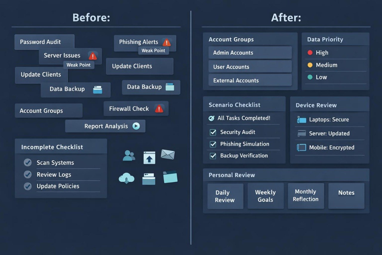 Before and after comparison of a cybersecurity checklist on a dark background