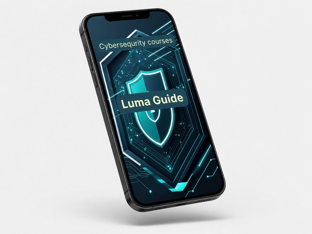 Phone displaying a cybersecurity courses app with 'Luma Guide' branding on a white background