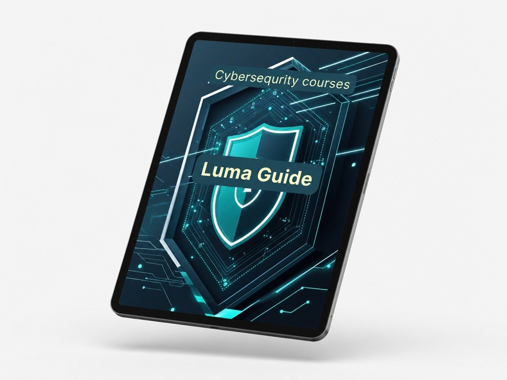 Tablet displaying the Luma Guide cybersecurity courses on a white background