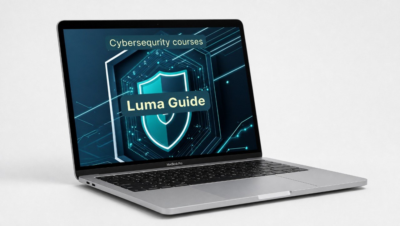 Laptop displaying Luma Guide cybersecurity courses on a white background