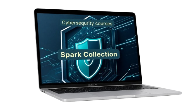 Laptop displaying a cybersecurity courses interface with 'Spark Collection' branding.