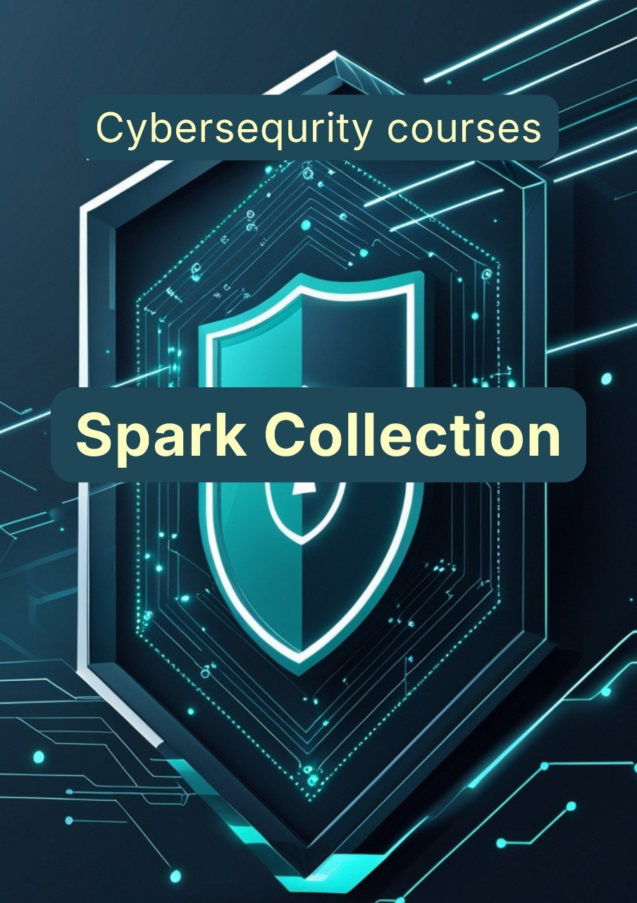 Promotional graphic for cybersecurity courses with a shield and circuit design on a dark background.