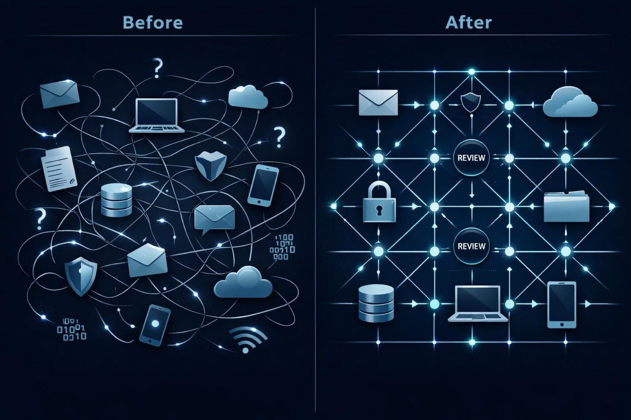 Before and after comparison of network diagrams with icons on a dark background