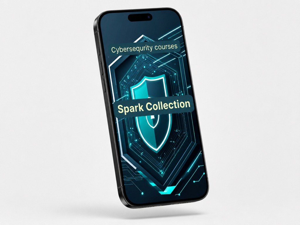 Phone displaying 'Cybersecurity courses' and 'Spark Collection' on a light gray background